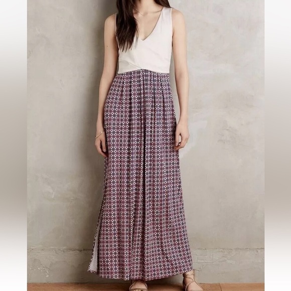 Anthropologie Pink Print Tan Blue Maeve Stretchy Colorblock Elysian Maxi Dress - Picture 11 of 11